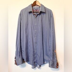 Robert Graham X Blue Pinstripe 2XL Orange Plaid Trim Button Up Shirt